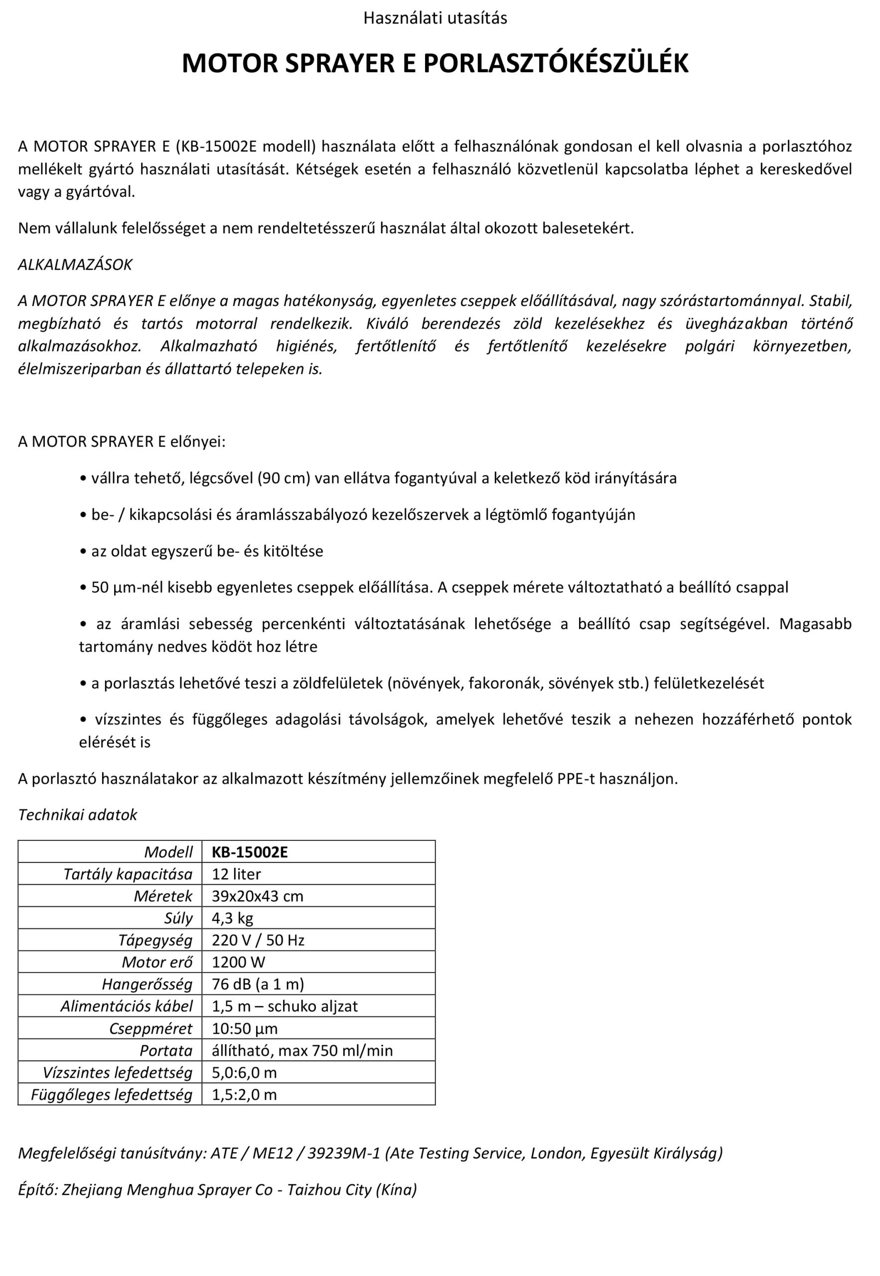 használati utasítás